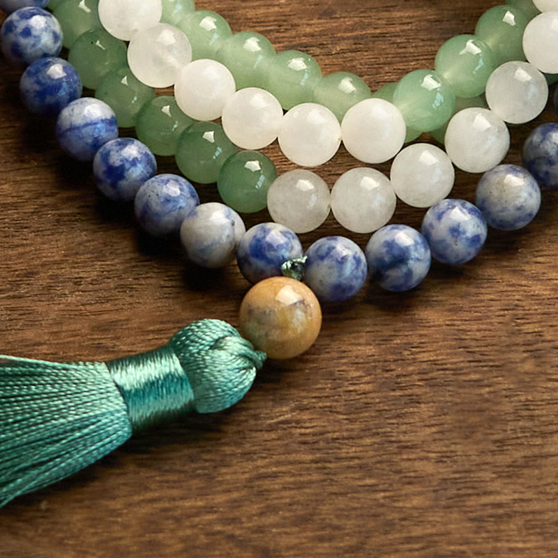 Bracelet porte-bonheur en 108 Buddha Stones de Mala en aventurine verte naturelle et jaspe à pois bleus, agate indienne, pompon vert