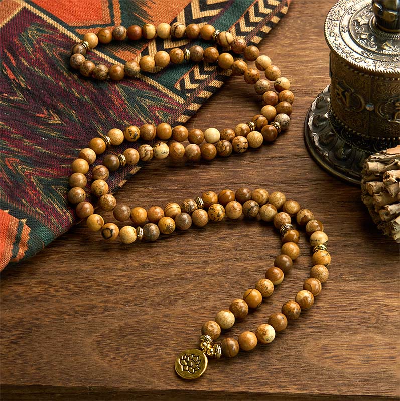 Bracelet Mala Courage Lotus en Jaspe Photo 108 Perles Buddha Stones
