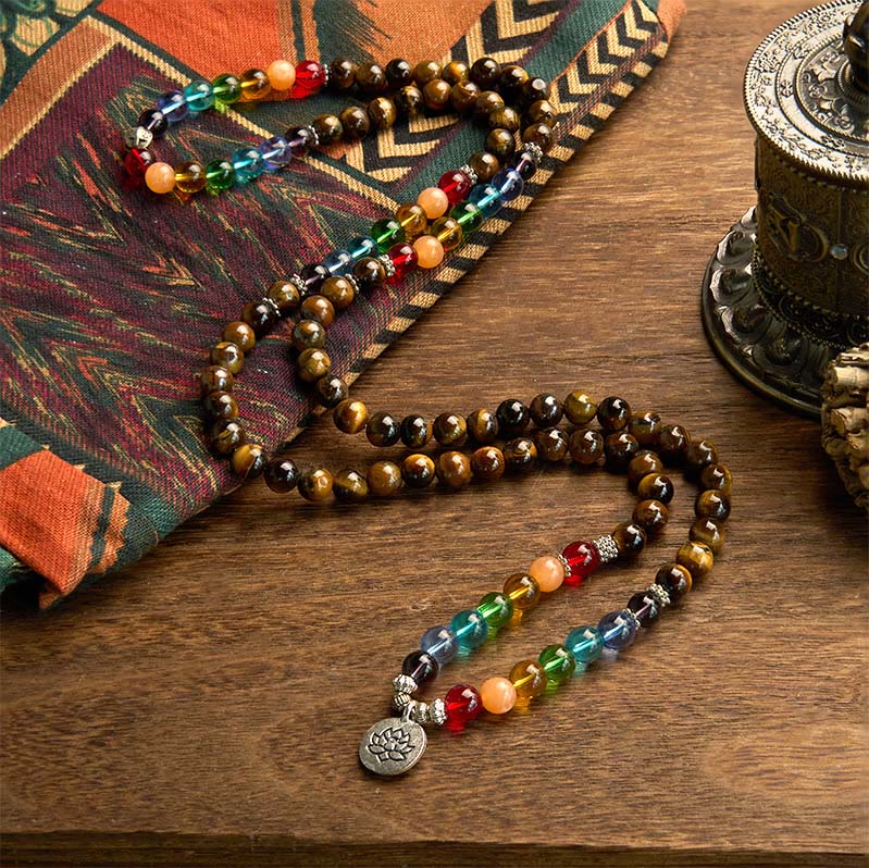Bracelet de protection Lotus en Buddha Stones Mala en pierre naturelle œil de tigre perles colorées