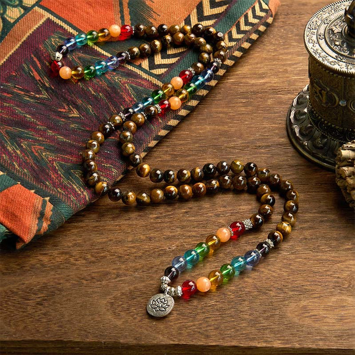 Bracelet de protection Lotus en Buddha Stones Mala en pierre naturelle œil de tigre perles colorées
