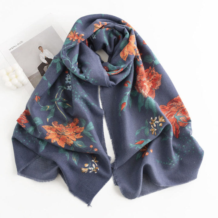Écharpe enveloppante confortable et chaude avec motif imprimé de roses multiflores tibétaines en Buddha Stones pour l'automne et l'hiver