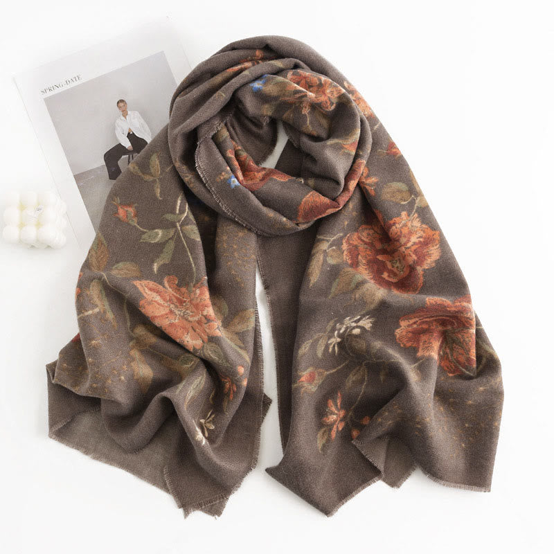 Écharpe enveloppante confortable et chaude avec motif imprimé de roses multiflores tibétaines en Buddha Stones pour l'automne et l'hiver