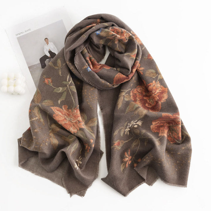 Écharpe enveloppante confortable et chaude avec motif imprimé de roses multiflores tibétaines en Buddha Stones pour l'automne et l'hiver