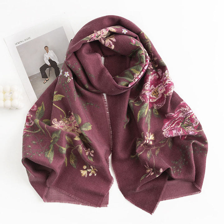 Écharpe enveloppante confortable et chaude avec motif imprimé de roses multiflores tibétaines en Buddha Stones pour l'automne et l'hiver