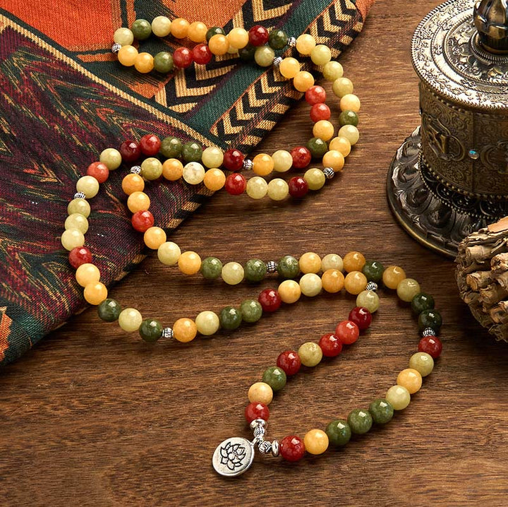 Bracelet de protection Lotus en Buddha Stones 108 perles de Mala en pierre de couleur naturelle Topaze rouge Jaspe vert