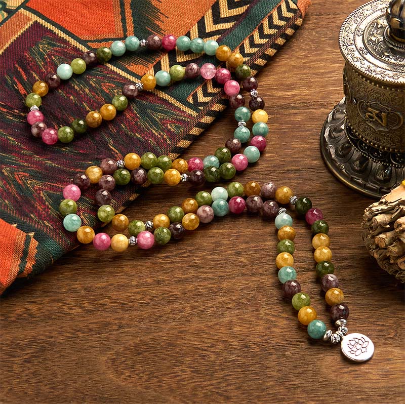 Bracelet de sagesse Lotus en tourmaline naturelle multicouche avec 108 perles Mala Buddha Stones
