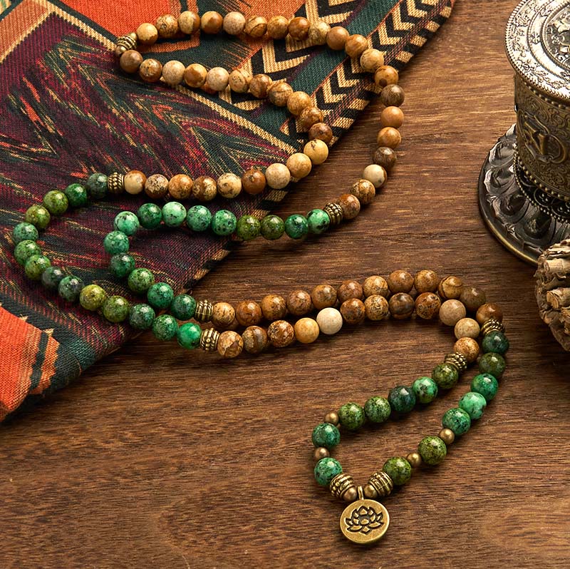Bracelet Mala 108 perles en pierre naturelle Buddha Stones Jasper Turquoise Lotus Positif