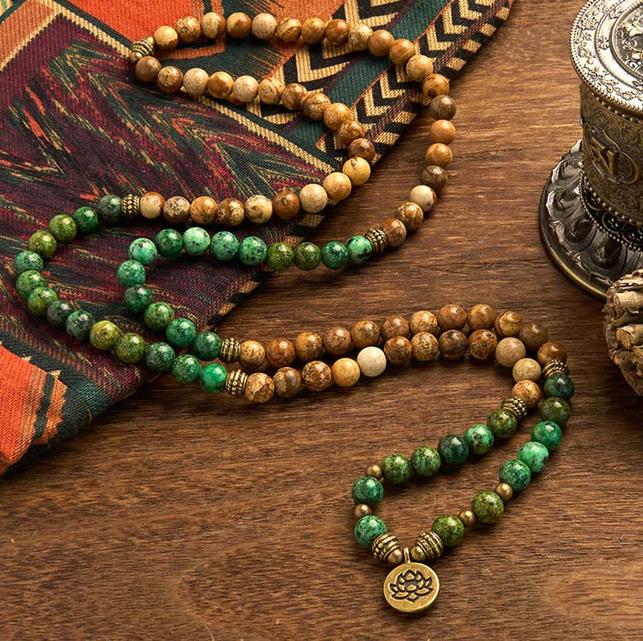Bracelet Mala 108 perles en pierre naturelle Buddha Stones Jasper Turquoise Lotus Positif
