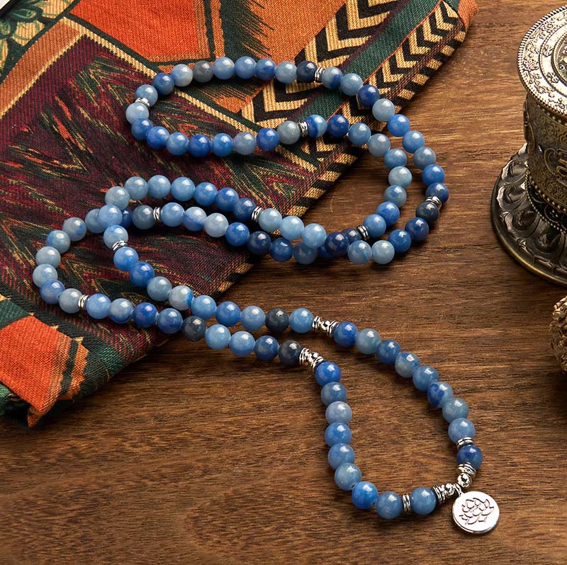 Bracelet Mala multicouches en aventurine bleue naturelle avec 108 Buddha Stones