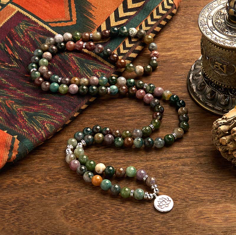 Buddha Stones Mala 108 perles en pierre naturelle d'agate indienne Lotus Calm