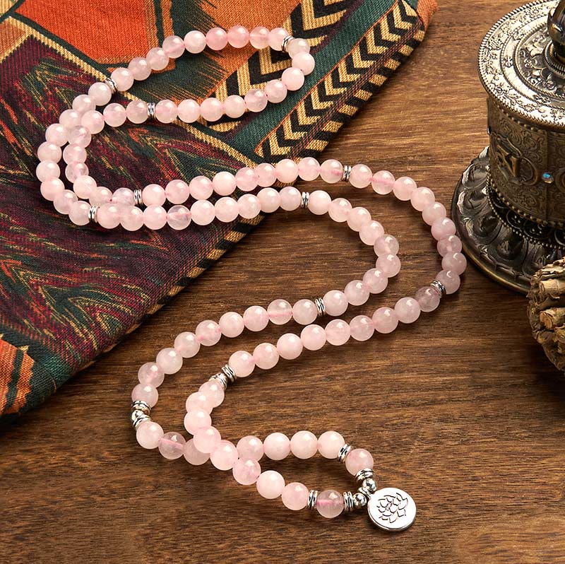 Bracelet Mala 108 Buddha Stones en pierre naturelle de quartz rose et lotus de la paix