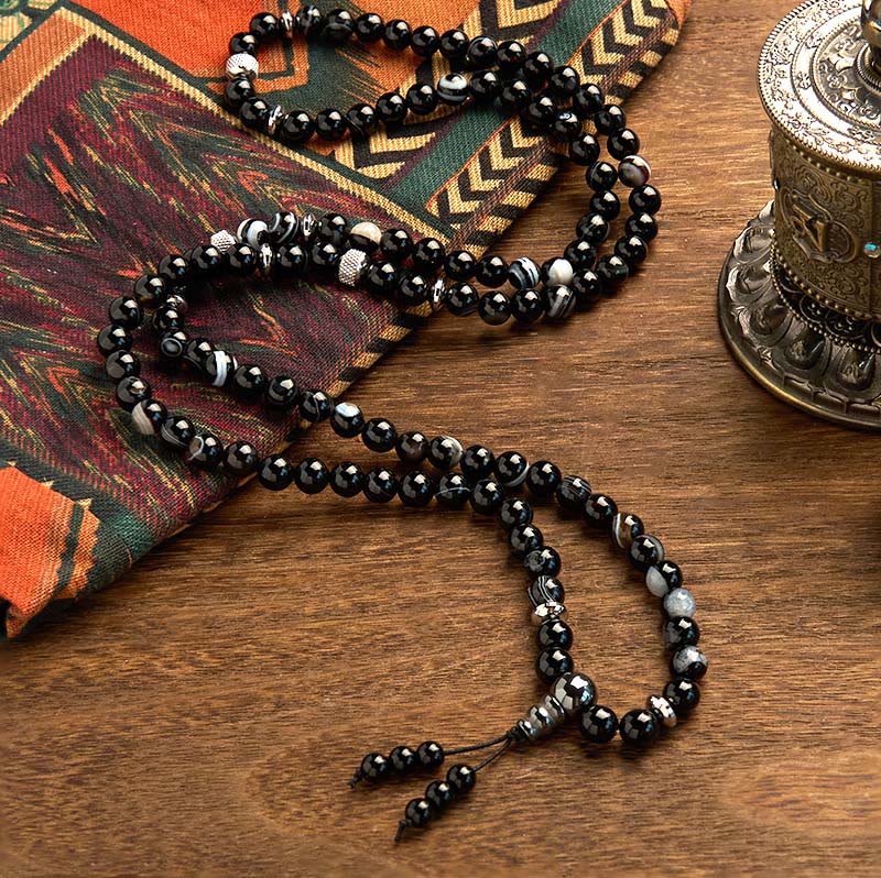 Bracelet de protection en onyx noir avec 108 perles de Mala en pierre naturelle Buddha Stones