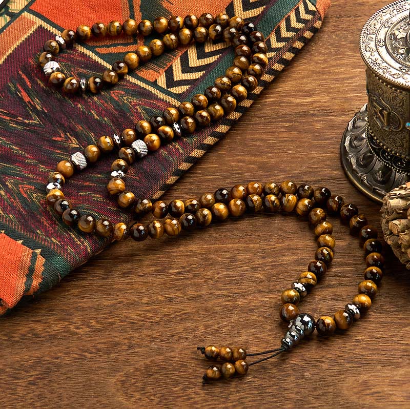 Bracelet de protection multi-tours en pierre naturelle œil de tigre 108 perles Mala Buddha Stones