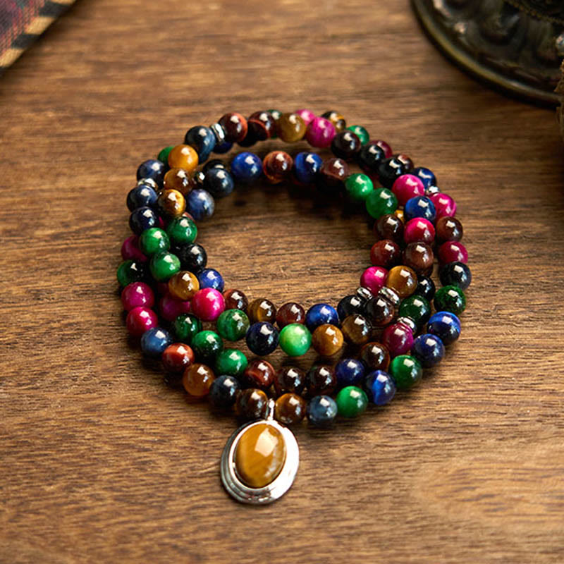 Bracelet de protection multi-tours en pierre naturelle œil de tigre colorée avec 108 perles Mala Buddha Stones - Œil de tigre coloré (Tour de poignet : 14-16 cm) - image 0