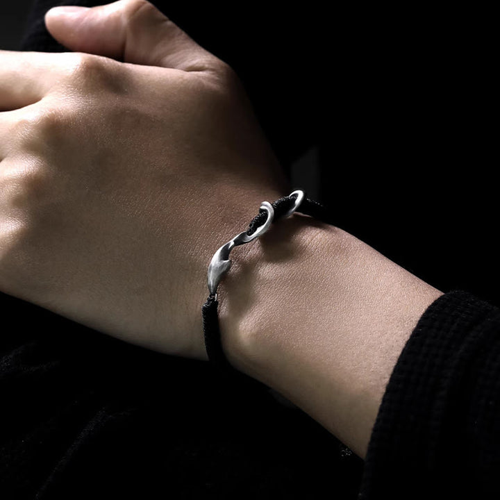 Bracelet de protection en corde de cire noire en argent sterling 999 avec requin de Buddha Stones