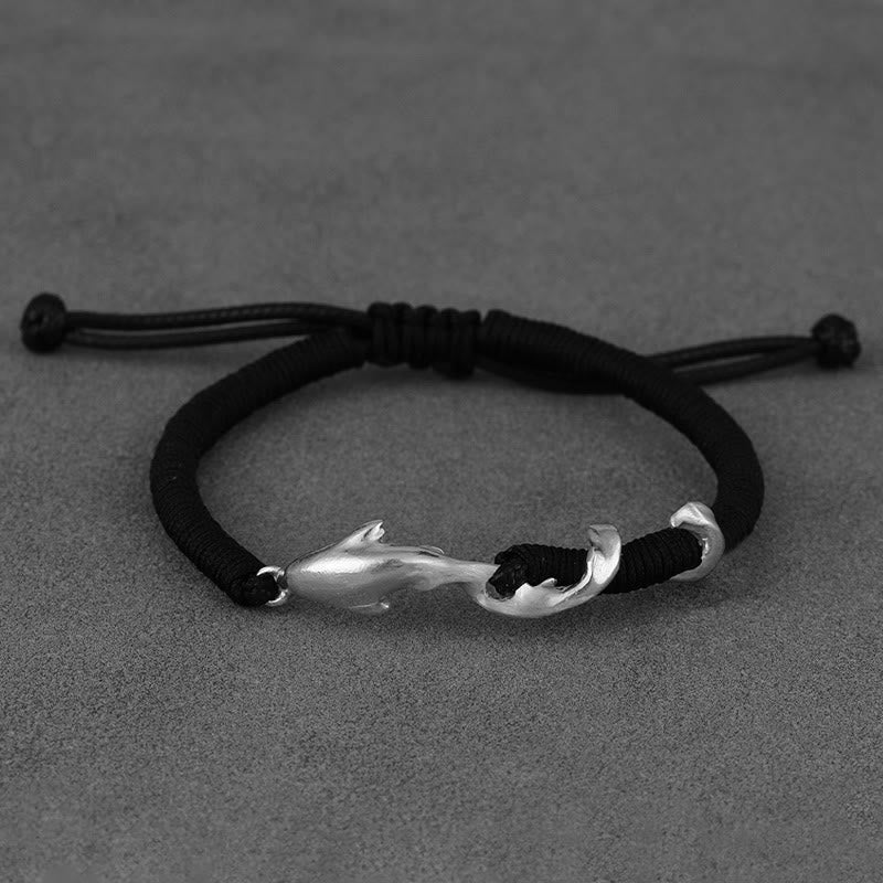 Bracelet de protection en corde de cire noire en argent sterling 999 avec requin de Buddha Stones