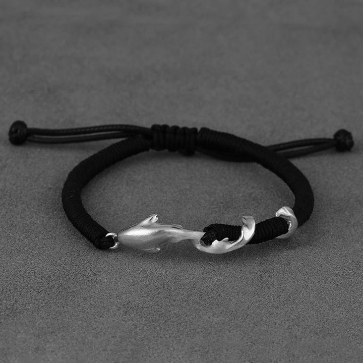 Bracelet de protection en corde de cire noire en argent sterling 999 avec requin de Buddha Stones