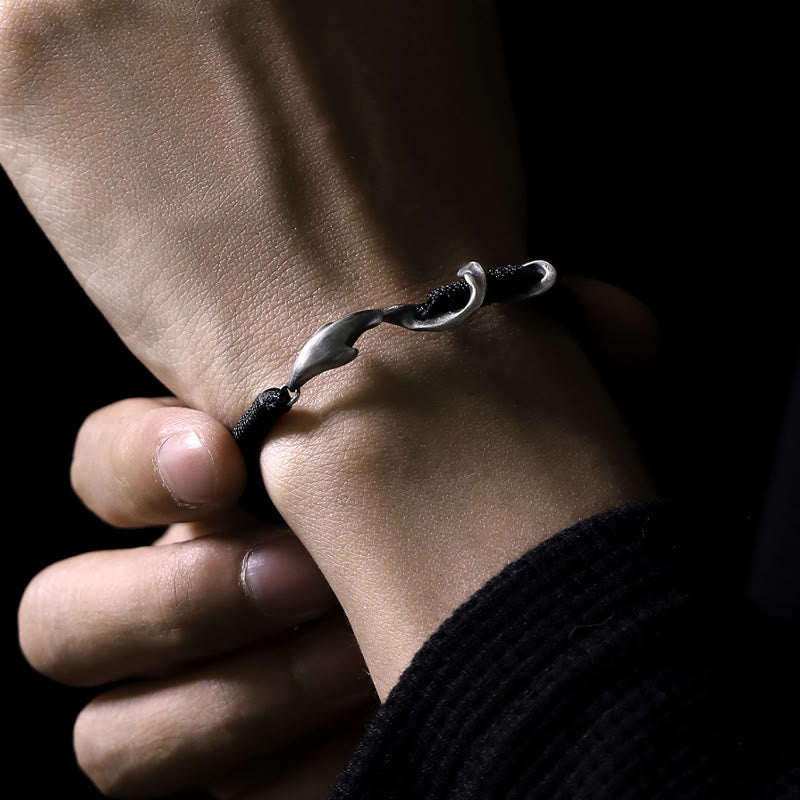 Bracelet de protection en corde de cire noire en argent sterling 999 avec requin de Buddha Stones