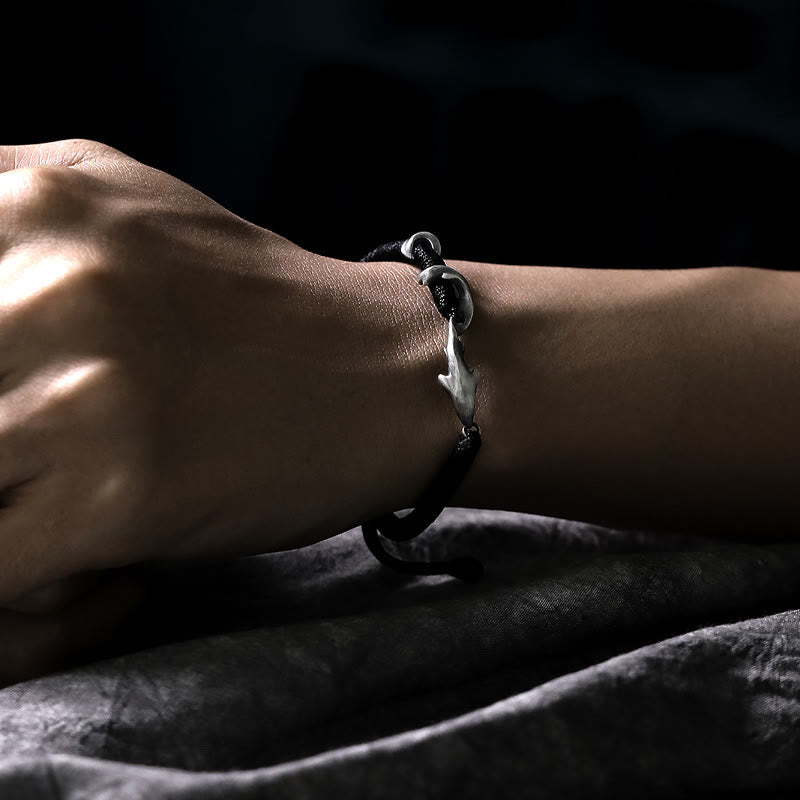 Bracelet de protection en corde de cire noire en argent sterling 999 avec requin de Buddha Stones
