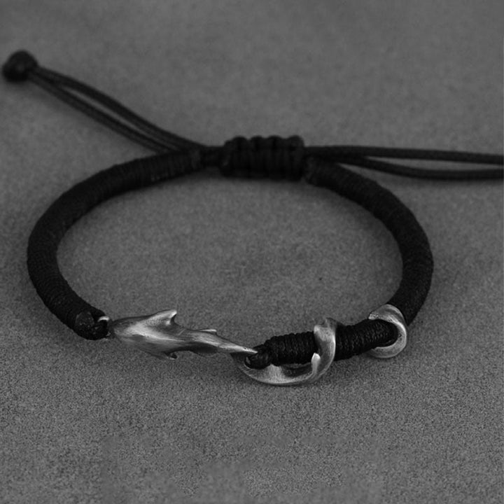 Bracelet de protection en corde de cire noire en argent sterling 999 avec requin de Buddha Stones - image 1