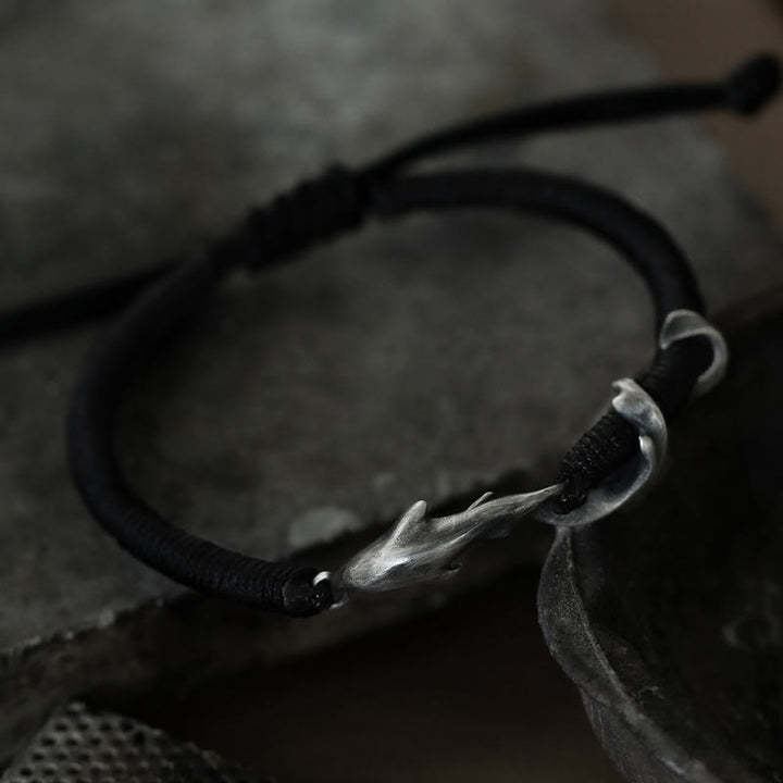 Bracelet de protection en corde de cire noire en argent sterling 999 avec requin de Buddha Stones