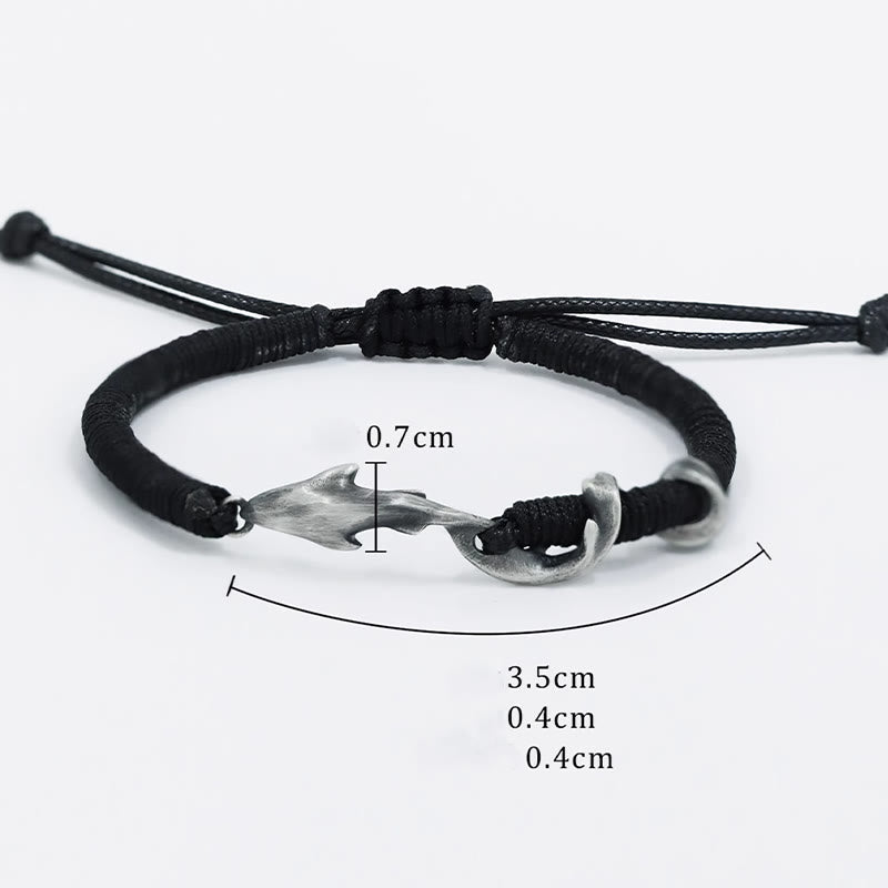 Bracelet de protection en corde de cire noire en argent sterling 999 avec requin de Buddha Stones