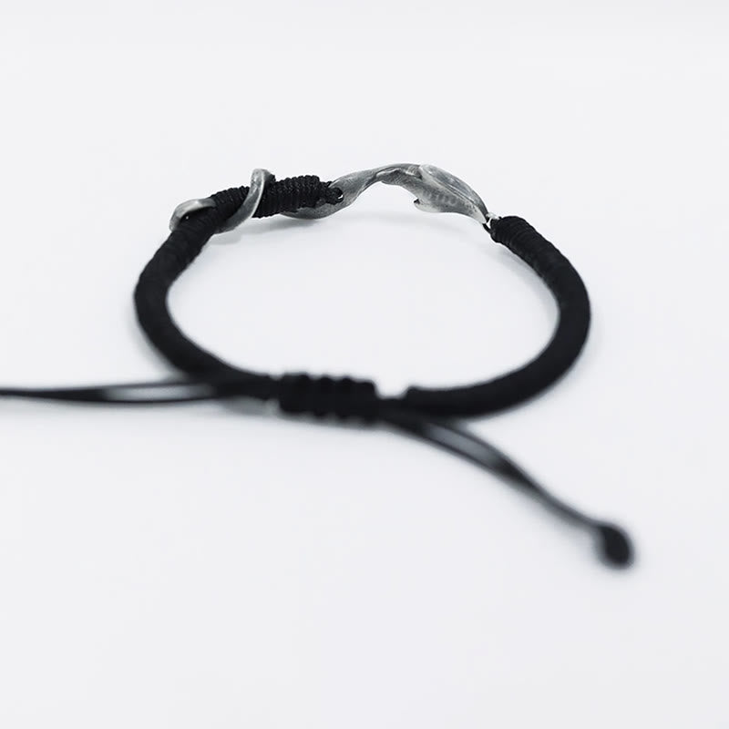 Bracelet de protection en corde de cire noire en argent sterling 999 avec requin de Buddha Stones