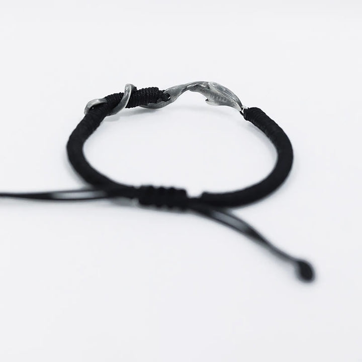 Bracelet de protection en corde de cire noire en argent sterling 999 avec requin de Buddha Stones