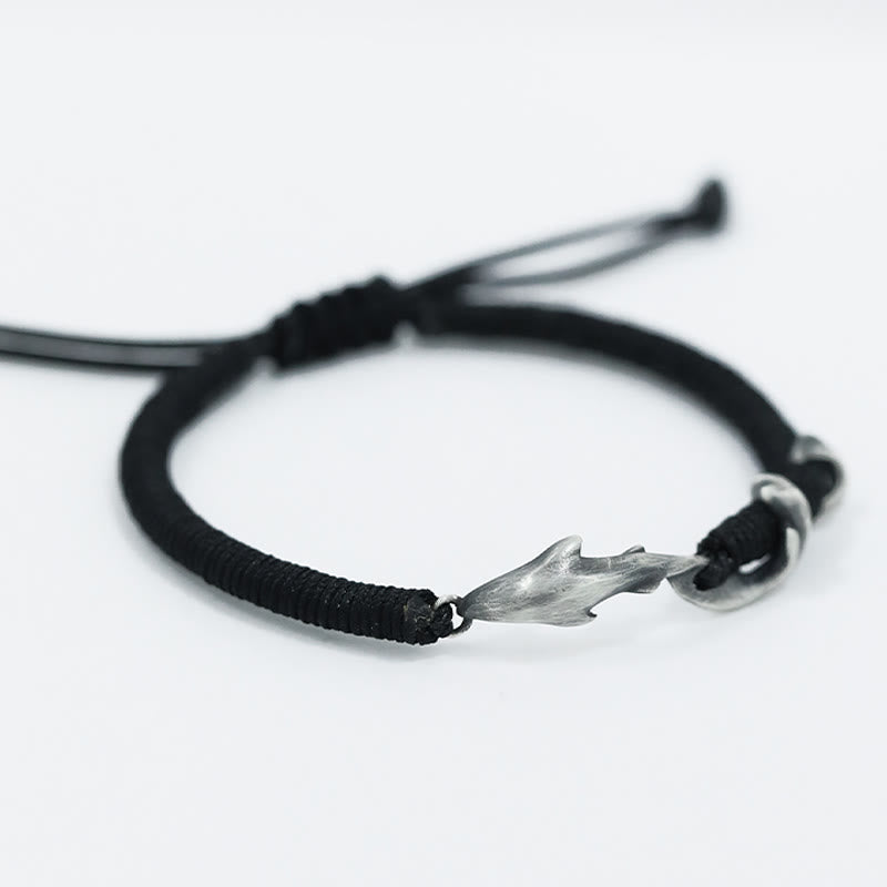 Bracelet de protection en corde de cire noire en argent sterling 999 avec requin de Buddha Stones