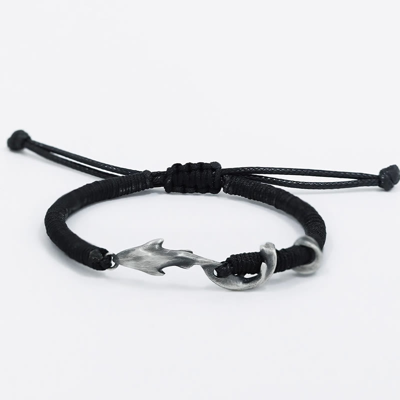 Bracelet de protection en corde de cire noire en argent sterling 999 avec requin de Buddha Stones