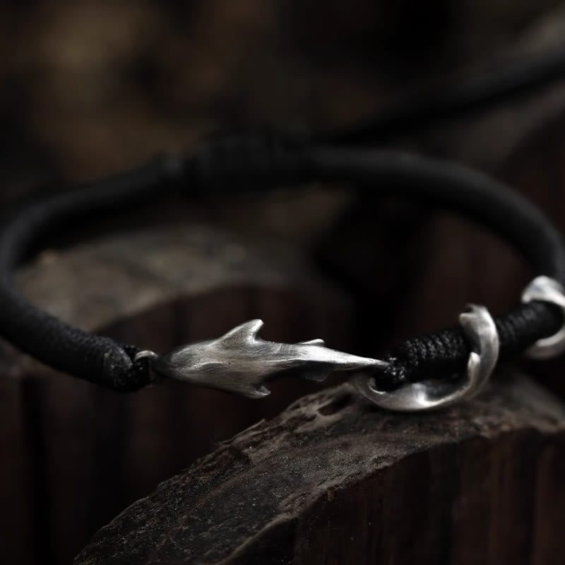 Bracelet de protection en corde de cire noire en argent sterling 999 avec requin de Buddha Stones - Corde cirée en argent sterling 999 (tour de poignet : 13-22 cm) - image 0