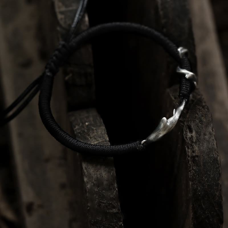 Bracelet de protection en corde de cire noire en argent sterling 999 avec requin de Buddha Stones