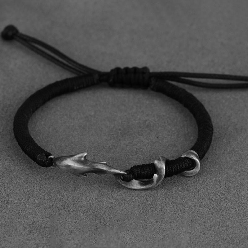 Bracelet de protection en corde de cire noire en argent sterling 999 avec requin de Buddha Stones