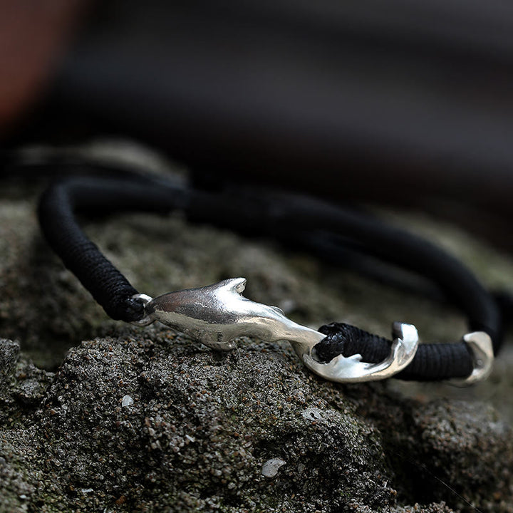 Bracelet de protection en corde de cire noire en argent sterling 999 avec requin de Buddha Stones