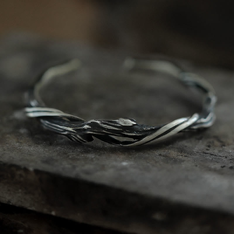 Bracelet manchette en argent sterling 999 Buddha Stones et bois flotté