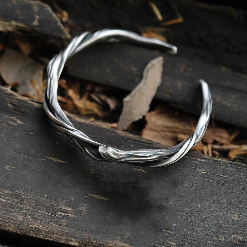 Bracelet manchette en argent sterling 999 Buddha Stones et bois flotté