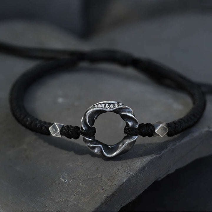 Bracelet de protection en corde cirée noire avec boucle de paix en argent sterling 999 de Buddha Stones