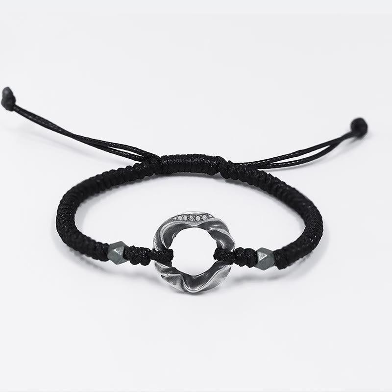 Bracelet de protection en corde cirée noire avec boucle de paix en argent sterling 999 de Buddha Stones