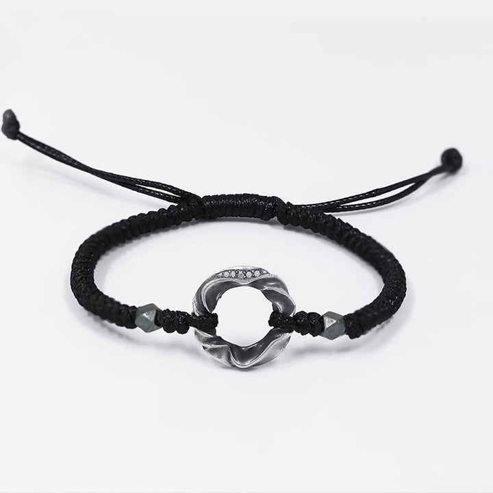 Bracelet de protection en corde cirée noire avec boucle de paix en argent sterling 999 de Buddha Stones