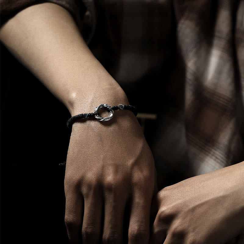 Bracelet de protection en corde cirée noire avec boucle de paix en argent sterling 999 de Buddha Stones