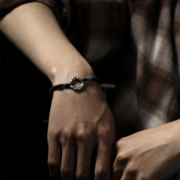 Bracelet de protection en corde cirée noire avec boucle de paix en argent sterling 999 de Buddha Stones