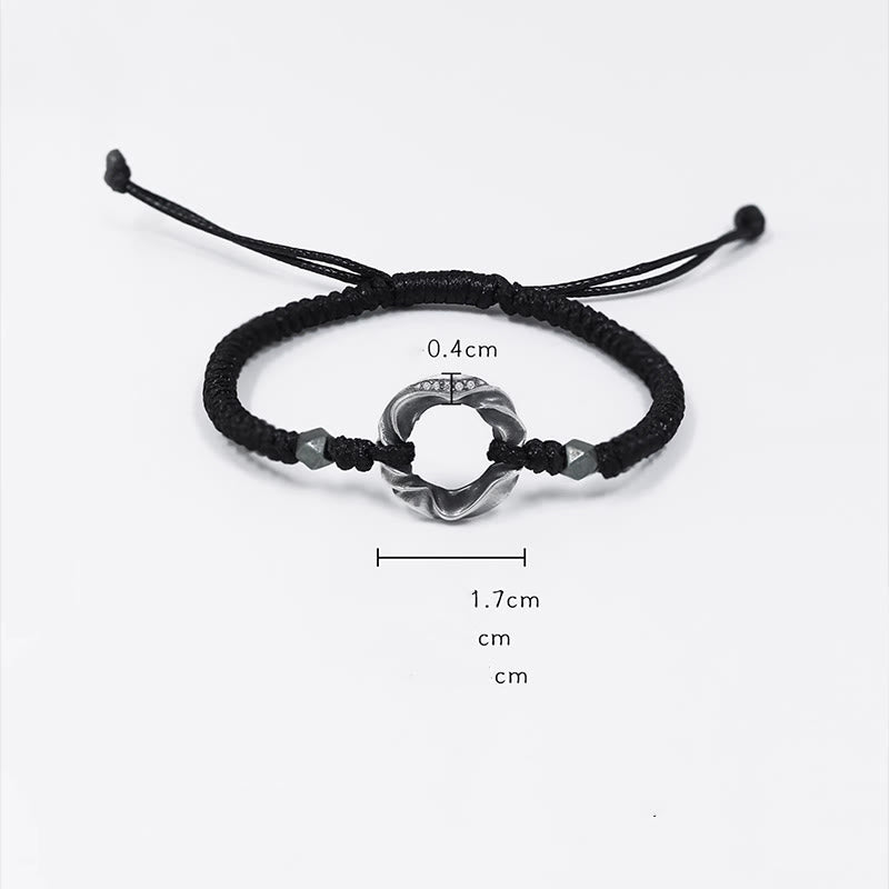 Bracelet de protection en corde cirée noire avec boucle de paix en argent sterling 999 de Buddha Stones