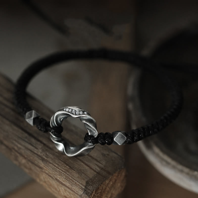 Bracelet de protection en corde cirée noire avec boucle de paix en argent sterling 999 de Buddha Stones