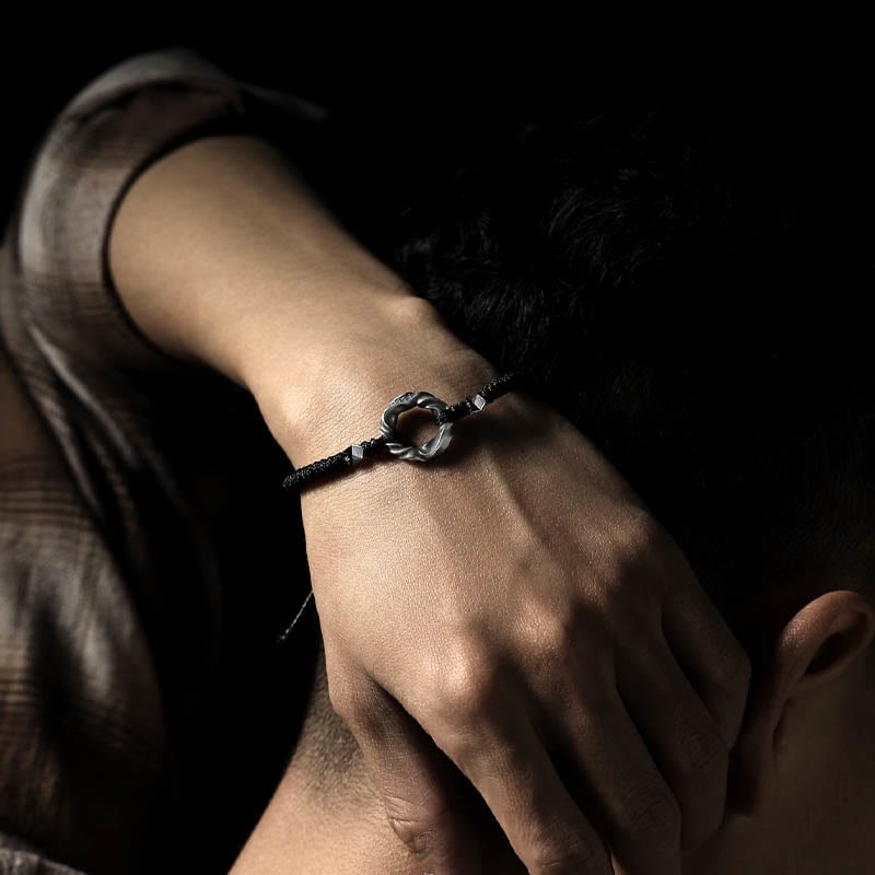 Bracelet de protection en corde cirée noire avec boucle de paix en argent sterling 999 de Buddha Stones