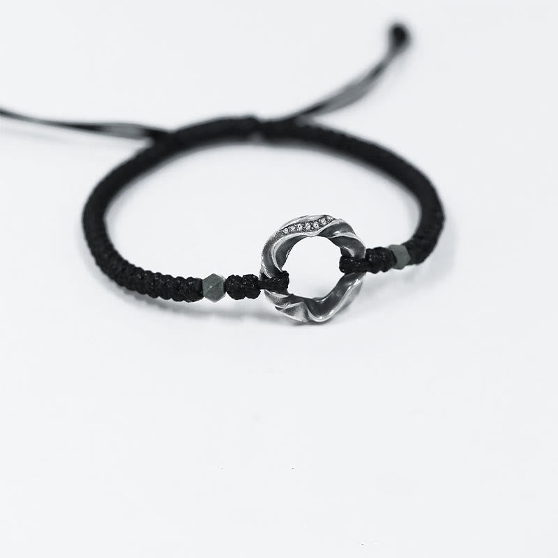 Bracelet de protection en corde cirée noire avec boucle de paix en argent sterling 999 de Buddha Stones