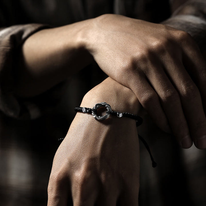 Bracelet de protection en corde cirée noire avec boucle de paix en argent sterling 999 de Buddha Stones