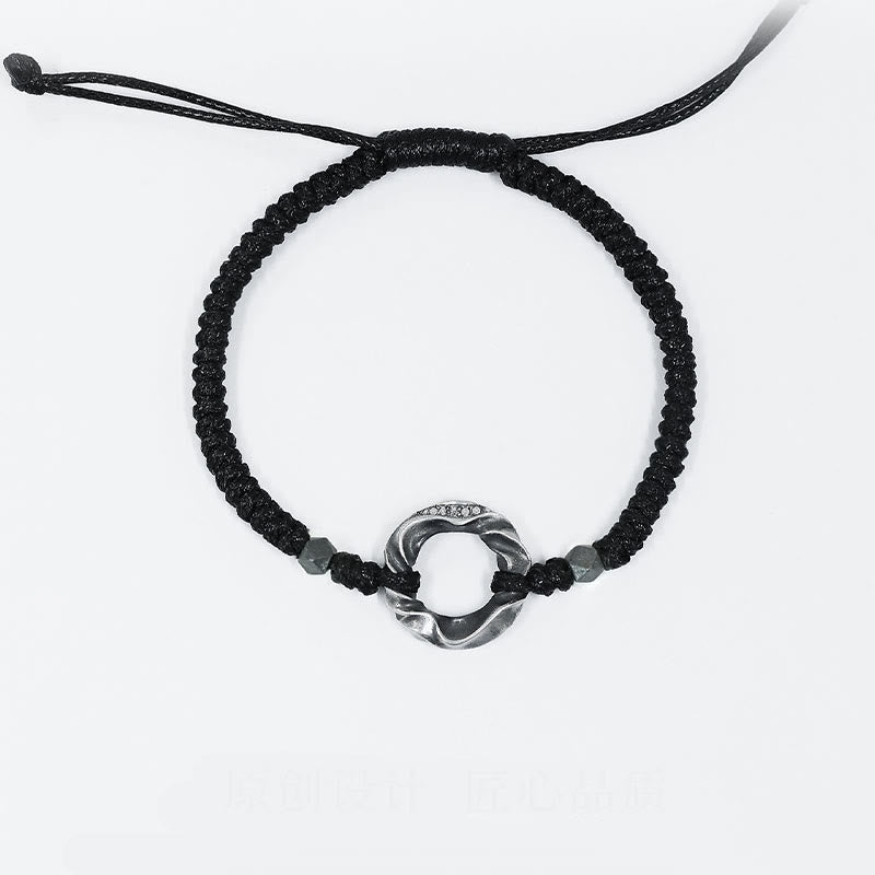 Bracelet de protection en corde cirée noire avec boucle de paix en argent sterling 999 de Buddha Stones