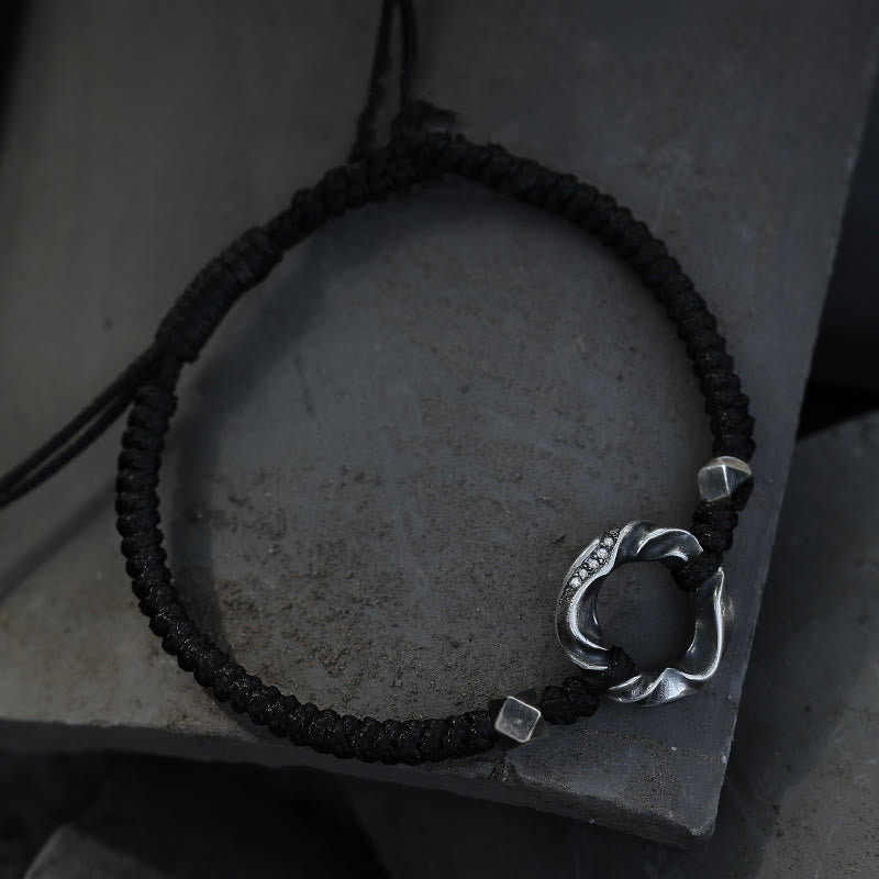 Bracelet de protection en corde cirée noire avec boucle de paix en argent sterling 999 de Buddha Stones