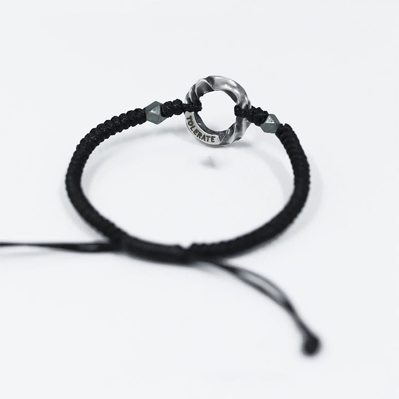 Bracelet de protection en corde cirée noire avec boucle de paix en argent sterling 999 de Buddha Stones