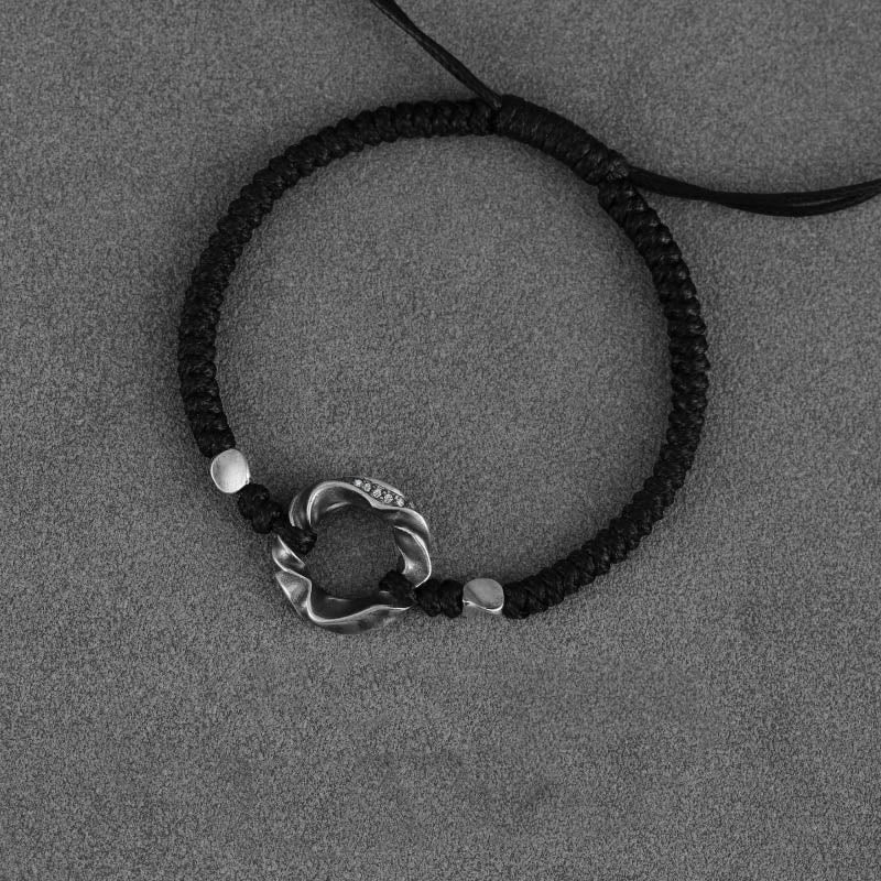 Bracelet de protection en corde cirée noire avec boucle de paix en argent sterling 999 de Buddha Stones